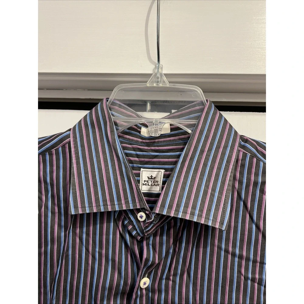 Peter Millar Shirt Men's Sz L Multi-Color Stripe Cotton Button Front Long Sleeve
